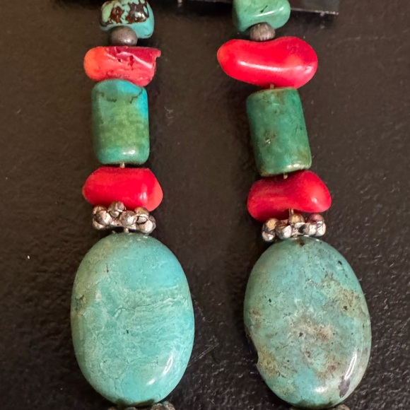 Artisan Hand Crafted Turquoise and Red Stone Beaded Silver Tone Earrings - Picture 2 of 6